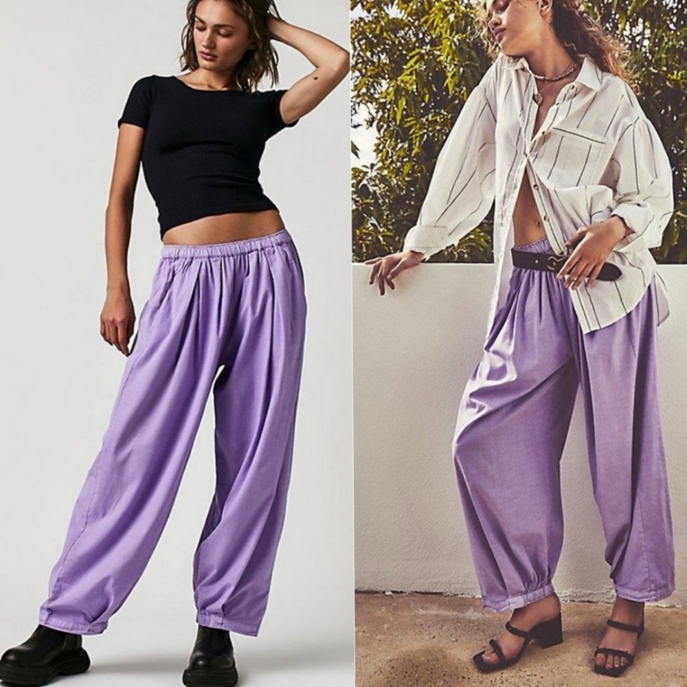 Free People To The Sky Parachute Boho Lagenlook Pants, Lavender Pockets, Size L
